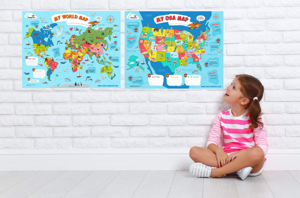 FlyingKids® Poster World Map and USA Map for Kids (2 posters set + 2 dry-erase pens )