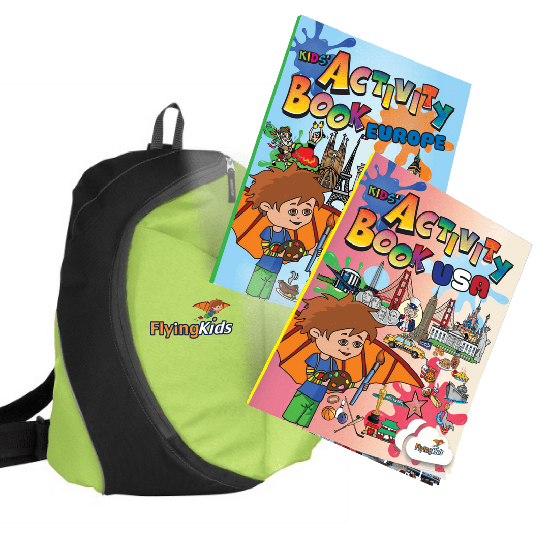 FlyingKids Pack books Coloring Pack - Kids' Activity Books Europe and USA + Leonardo's Backpack