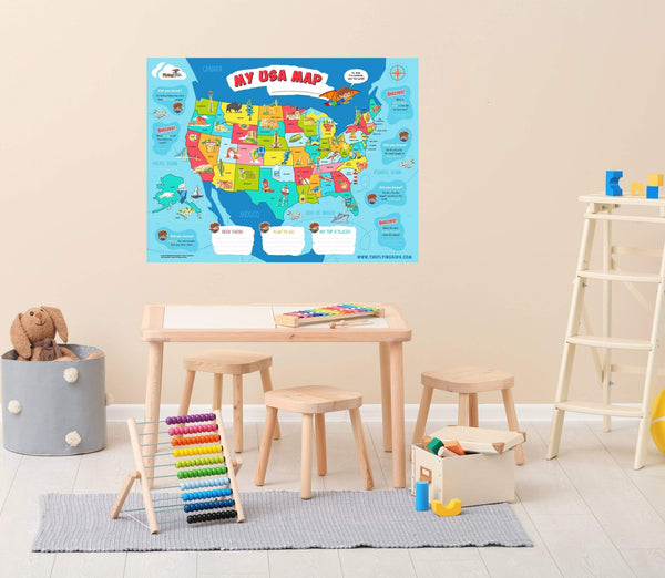 FlyingKids® Poster USA map poster for kids - Interactive map (dry-erase pen included)