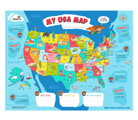 FlyingKids® Poster USA map poster for kids - Interactive map (dry-erase pen included)