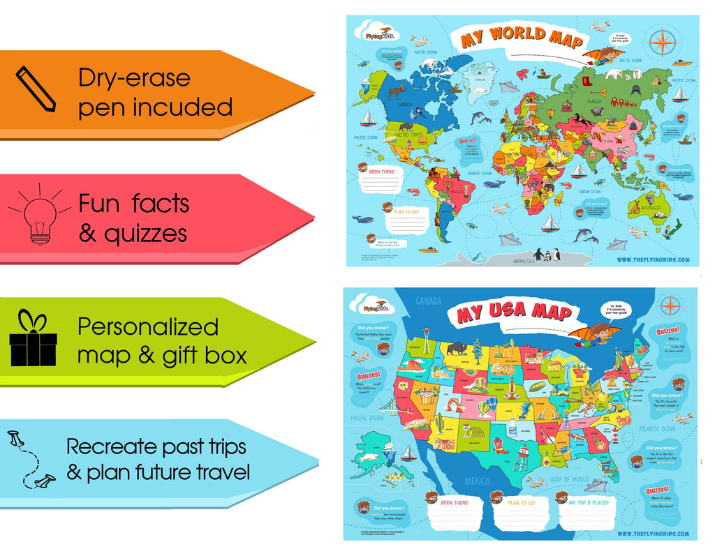 World Map and USA Map for Kids (2 posters set + 2 dry-erase pens ) –  FlyingKids®